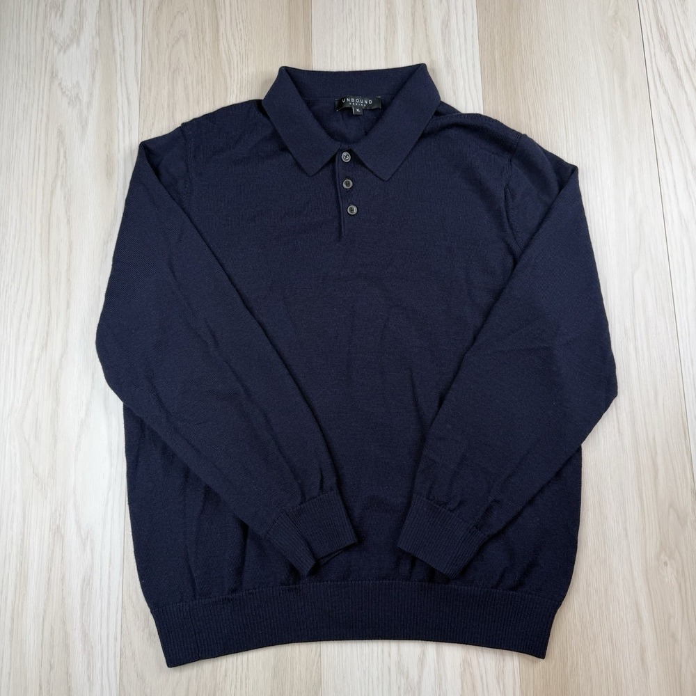 Unbound Merino Knit Long Sleeve Polo Sweater 100% Wool Soft Navy Men's Size XL